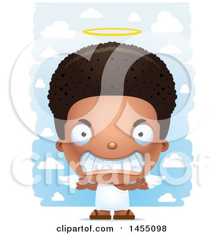 Clipart Graphic of a 3d Mad Black Angel Boy over Clouds - Royalty Free Vector Illustration by Cory Thoman