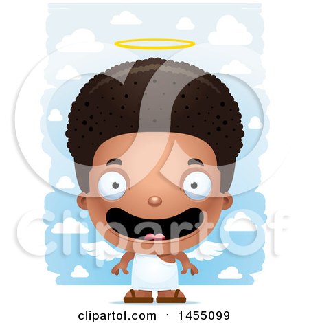 Clipart Graphic of a 3d Happy Black Angel Boy over Clouds - Royalty Free Vector Illustration by Cory Thoman