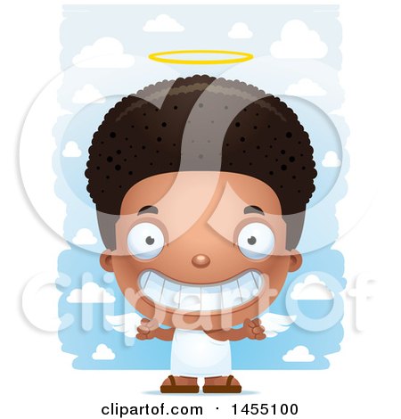 Clipart Graphic of a 3d Grinning Black Angel Boy over Clouds - Royalty Free Vector Illustration by Cory Thoman