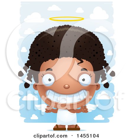 Clipart Graphic of a 3d Grinning Black Angel Girl over Clouds - Royalty Free Vector Illustration by Cory Thoman