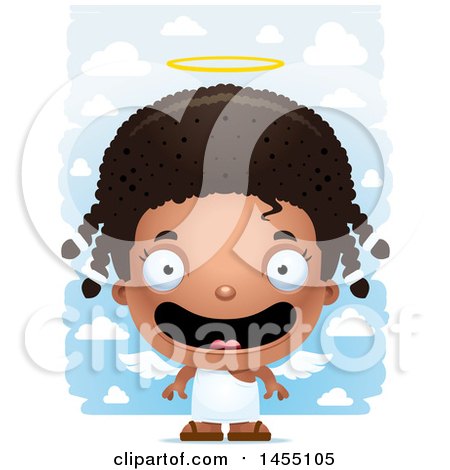 Clipart Graphic of a 3d Happy Black Angel Girl over Clouds - Royalty Free Vector Illustration by Cory Thoman