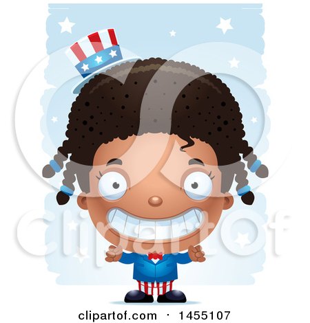 Clipart Graphic of a 3d Grinning Black American Uncle Sam Girl Against Strokes - Royalty Free Vector Illustration by Cory Thoman
