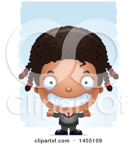 Clipart Graphic of a 3d Grinning Black Business Girl Against Strokes - Royalty Free Vector Illustration by Cory Thoman