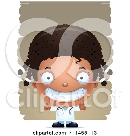 Clipart Graphic of a 3d Grinning Black Girl Doctor Surgeon over Strokes - Royalty Free Vector Illustration by Cory Thoman