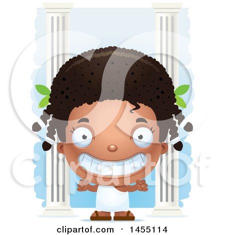 Clipart Graphic of a 3d Grinning Black Greek Girl with Columns - Royalty Free Vector Illustration by Cory Thoman