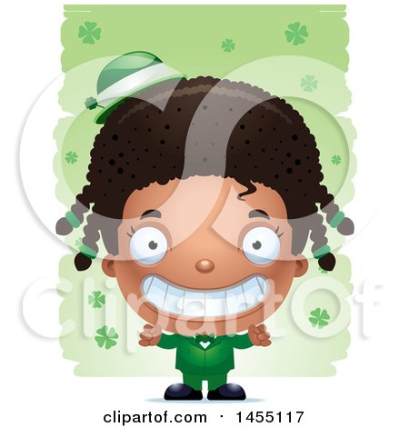 Clipart Graphic of a 3d Grinning Black Irish Girl over St Patricks Day Shamrocks - Royalty Free Vector Illustration by Cory Thoman