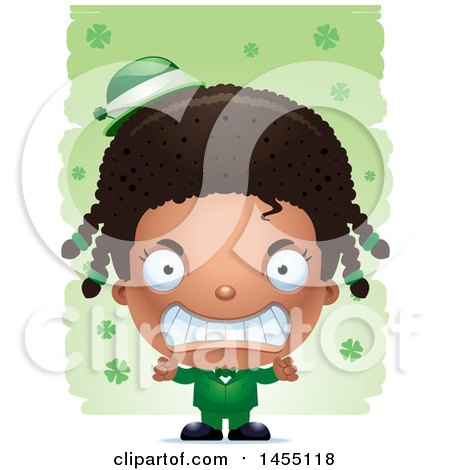 Clipart Graphic of a 3d Mad Black Irish Girl over St Patricks Day Shamrocks - Royalty Free Vector Illustration by Cory Thoman