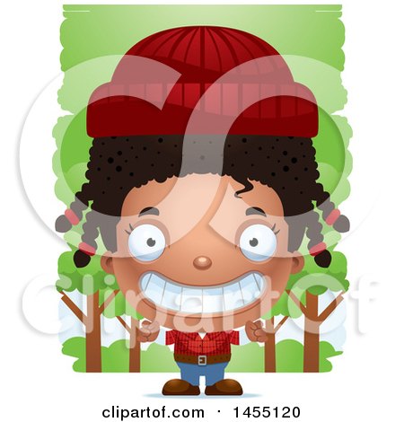 Clipart Graphic of a 3d Grinning Black Lumberjack Girl in the Woods - Royalty Free Vector Illustration by Cory Thoman