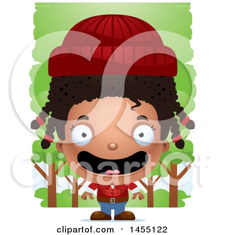Clipart Graphic of a 3d Happy Black Lumberjack Girl in the Woods - Royalty Free Vector Illustration by Cory Thoman
