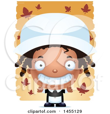 Clipart Graphic of a 3d Grinning Black Pilgrim Girl over Leaves - Royalty Free Vector Illustration by Cory Thoman