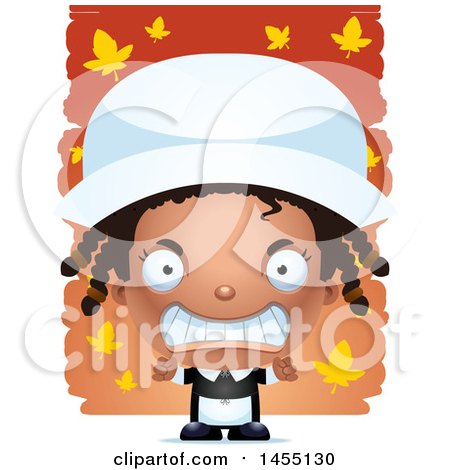 Clipart Graphic of a 3d Mad Black Pilgrim Girl over Leaves - Royalty Free Vector Illustration by Cory Thoman