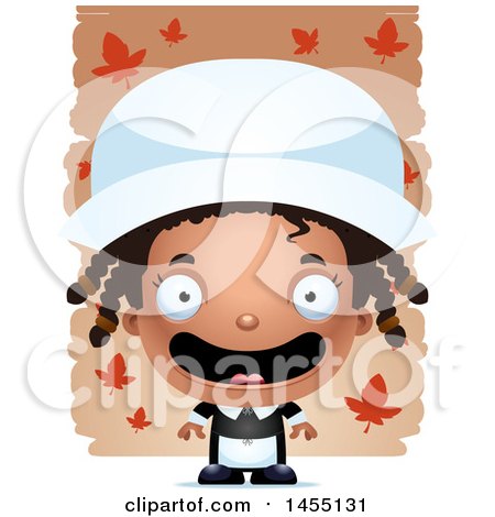Clipart Graphic of a 3d Mad Black Pilgrim Girl over Leaves - Royalty Free Vector Illustration by Cory Thoman