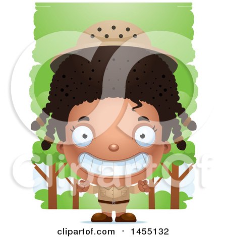 Clipart Graphic of a 3d Grinning Black Safari Girl Against Trees - Royalty Free Vector Illustration by Cory Thoman
