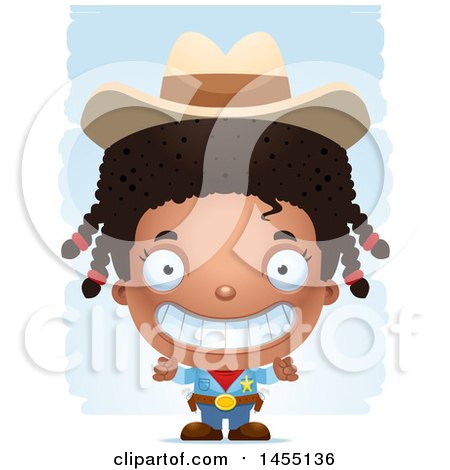 Clipart Graphic of a 3d Grinning Black Girl Cowboy Sheriff over Strokes - Royalty Free Vector Illustration by Cory Thoman