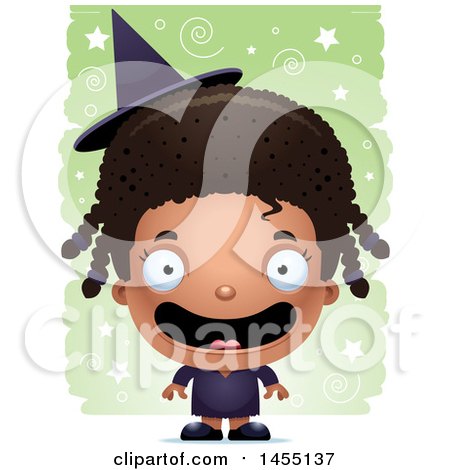 Clipart Graphic of a 3d Happy Black Witch Girl over a Spiral and Star Pattern - Royalty Free Vector Illustration by Cory Thoman