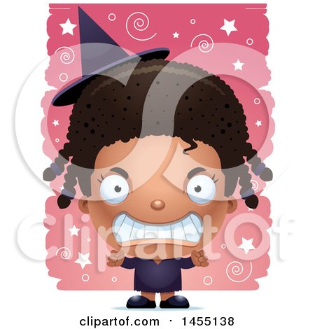 Clipart Graphic of a 3d Mad Black Witch Girl over a Spiral and Star Pattern - Royalty Free Vector Illustration by Cory Thoman