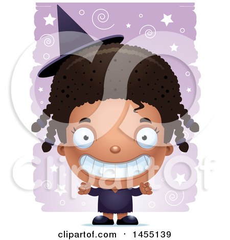 Clipart Graphic of a 3d Grinning Black Witch Girl over a Spiral and Star Pattern - Royalty Free Vector Illustration by Cory Thoman