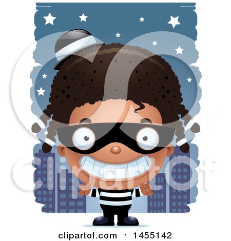 Clipart Graphic of a 3d Grinning Black Robber Girl Against a City at Night - Royalty Free Vector Illustration by Cory Thoman