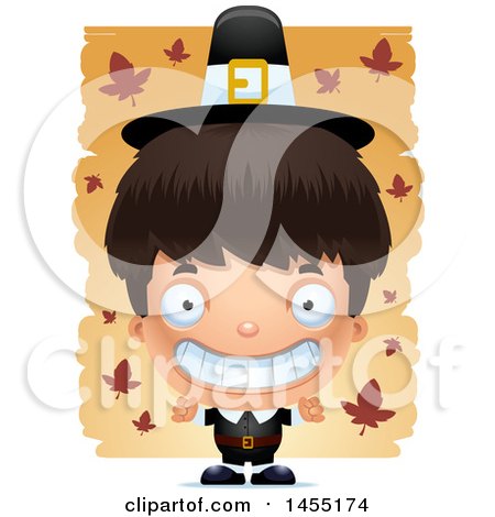Clipart Graphic of a 3d Grinning Pilgrim Boy over Leaves - Royalty Free Vector Illustration by Cory Thoman