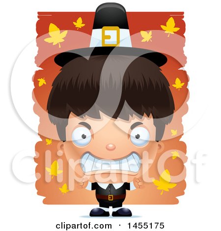 Clipart Graphic of a 3d Mad Pilgrim Boy over Leaves - Royalty Free Vector Illustration by Cory Thoman