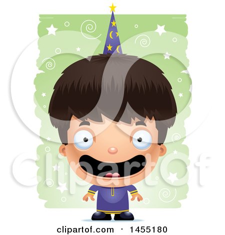 Clipart Graphic of a 3d Happy Wizard Boy over a Spiral and Star Pattern - Royalty Free Vector Illustration by Cory Thoman