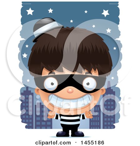 Clipart Graphic of a 3d Grinning Robber Boy Against a City at Night - Royalty Free Vector Illustration by Cory Thoman