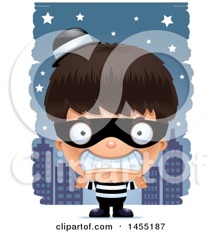 Clipart Graphic of a 3d Mad Robber Boy Against a City at Night - Royalty Free Vector Illustration by Cory Thoman