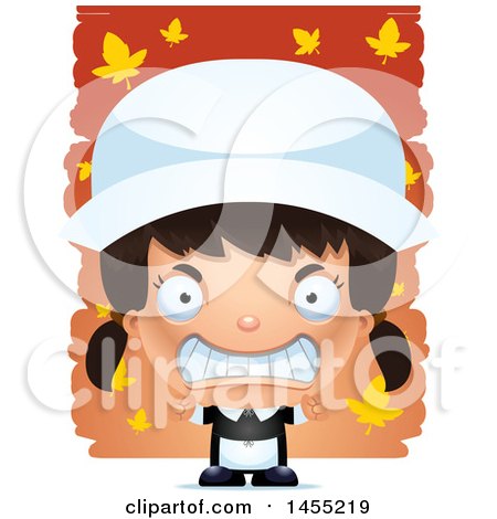 Clipart Graphic of a 3d Mad Pilgrim Girl over Leaves - Royalty Free Vector Illustration by Cory Thoman