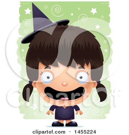 Clipart Graphic of a 3d Happy Witch Girl over a Spiral and Star Pattern - Royalty Free Vector Illustration by Cory Thoman