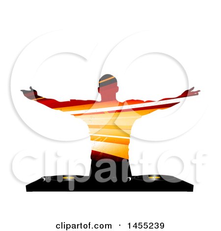 Clipart of a Silhouetted Male Dj in a Striped Pattern, Holding His Arms out over a Record Deck - Royalty Free Vector Illustration by elaineitalia