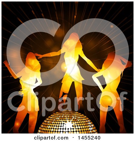 Clipart of a Trio if Silhouetted Women Dancing Around a 3d Golden Disco Ball over Flares - Royalty Free Vector Illustration by elaineitalia