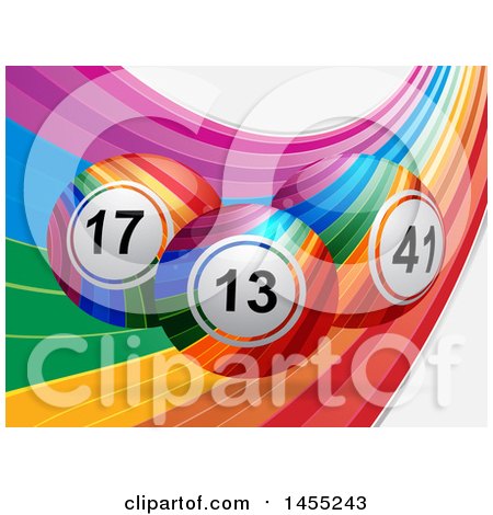 Clipart of a Rainbow Swoosh with Colorful Striped 3d Bingo or Lottery Balls - Royalty Free Vector Illustration by elaineitalia