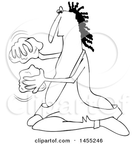 Clipart of a Cartoon Black and White Caveman Banging Rocks Together - Royalty Free Vector Illustration by djart