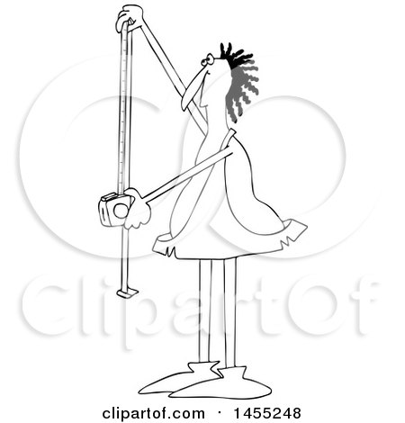 Clipart of a Cartoon Black and White Caveman Using a Tape Measure - Royalty Free Vector Illustration by djart