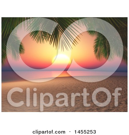 Clipart of a 3d Sunset with Palm Tree Branches and a Sandy Beach - Royalty Free Illustration by KJ Pargeter
