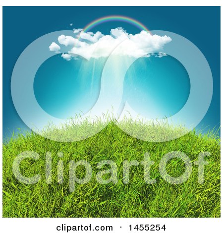 Clipart of a Rainbow and Rain Cloud over a 3d Grassy Hill - Royalty Free Illustration by KJ Pargeter