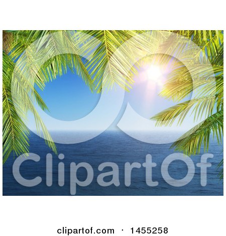Clipart of a 3d Border of Palm Branches with a Sunny Sky over the Sea - Royalty Free Illustration by KJ Pargeter