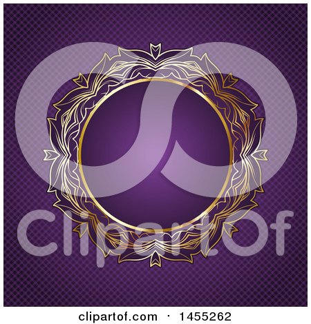 Clipart of a Fancy Round Golden Frame over Purple - Royalty Free Vector Illustration by KJ Pargeter