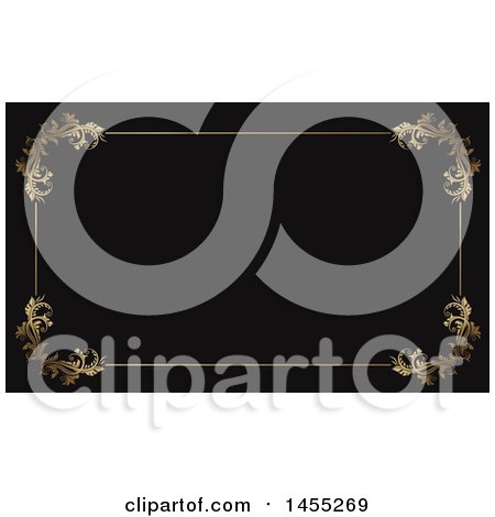 Clipart of a Fancy Golden Floral Frame on Black Business Card or Background Design - Royalty Free Vector Illustration by KJ Pargeter