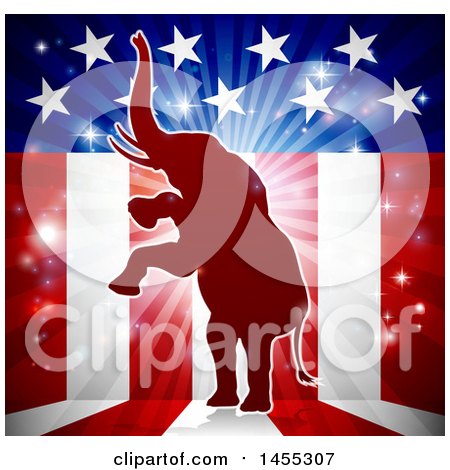 Clipart of a Red Silhouette of a Rearing Republican Elephant over an American Flag Themed Burst - Royalty Free Vector Illustration by AtStockIllustration
