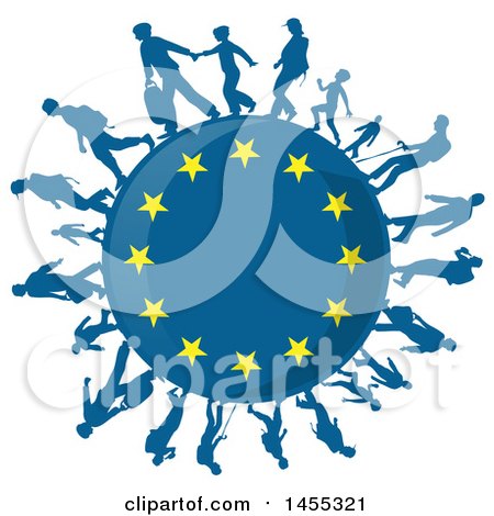 Clipart of a European Flag Globe with Silhouetted Immigrants - Royalty Free Vector Illustration by Domenico Condello