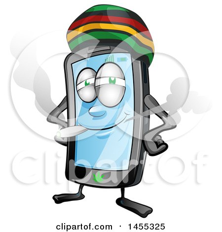 Clipart of a Cartoon Jamaican Rasta Smart Phone Mascot Smoking a Joint - Royalty Free Vector Illustration by Domenico Condello