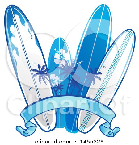 Clipart of a Blank Ribbon Banner with Silhouetted Palm Trees in Front of Surfboards - Royalty Free Vector Illustration by Domenico Condello