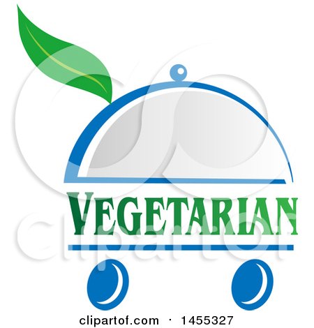 Clipart of a Green Chef Vegetarian Text Design with a Leaf in a Cloche Platter on Wheels - Royalty Free Vector Illustration by Domenico Condello