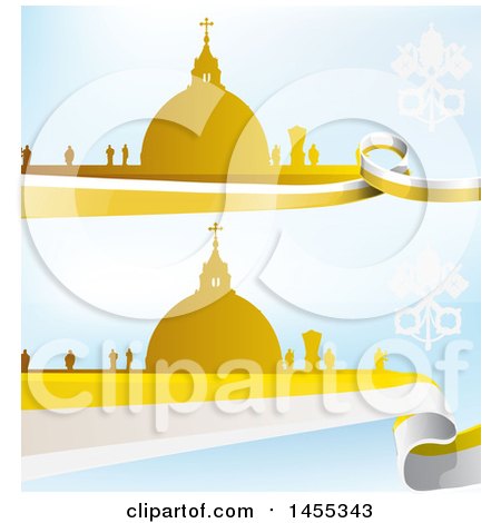 Clipart of Golden Silhouetted Vatican City over Flag Designs on Blue - Royalty Free Vector Illustration by Domenico Condello