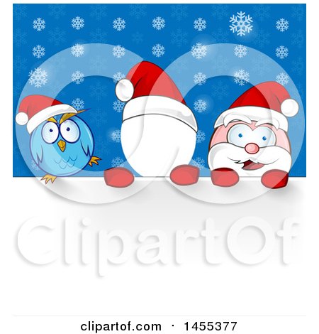 Clipart of a Cartoon Happy Santa Claus, Faceless Photo Op Template and Owl over Snowflakes - Royalty Free Vector Illustration by Domenico Condello