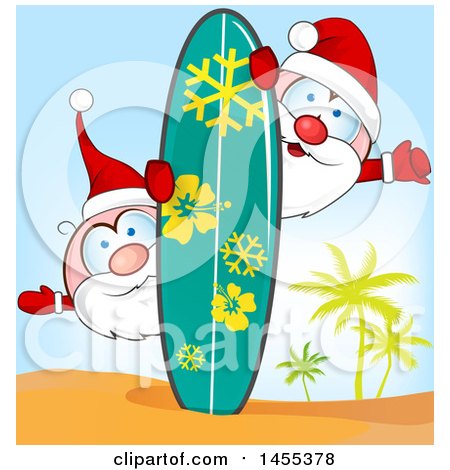 Clipart of Cartoon Hapy Santas on a Tropical Island with a Surf Board and Palm Trees - Royalty Free Vector Illustration by Domenico Condello