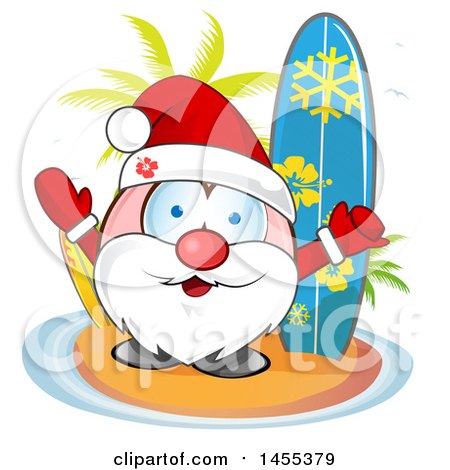 Clipart of a Cartoon Hapy Santa Claus on a Tropical Island with Surf Boards and Palm Trees - Royalty Free Vector Illustration by Domenico Condello