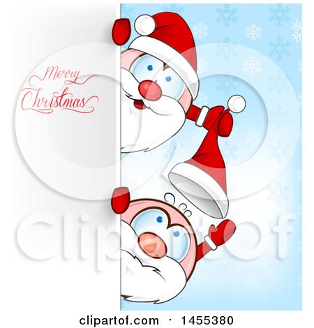 Clipart of Cartoon Happy Santas Playing Around a Sign with Merry Christmas Text - Royalty Free Vector Illustration by Domenico Condello