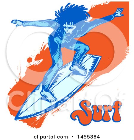 Clipart of a Blue Male Surfer with Dreadlocks Riding an Orange Splatter Wave and Text - Royalty Free Vector Illustration by Domenico Condello